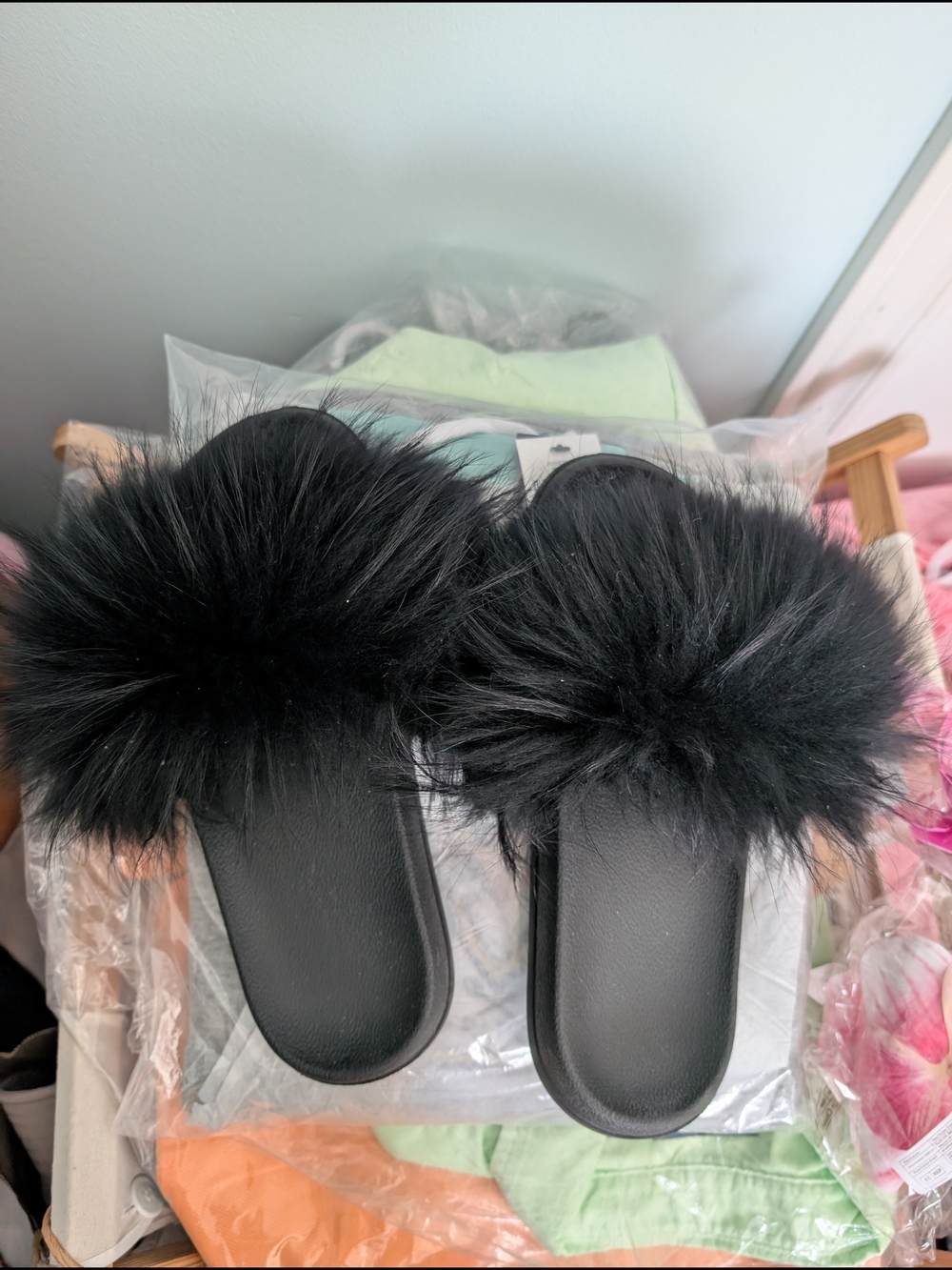 Black Faux Fur Slide Sandals